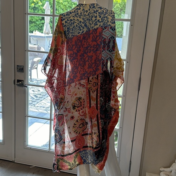Boho Mixed Multicolored Print Semi Sheer Short Sleeve Open Kimono Jacket OS - Picture 8 of 10